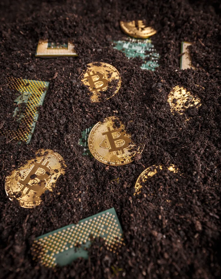 How Blockchain Consulting Grows Your Business: gold cryptocurrency coins and a circuit chip on soil