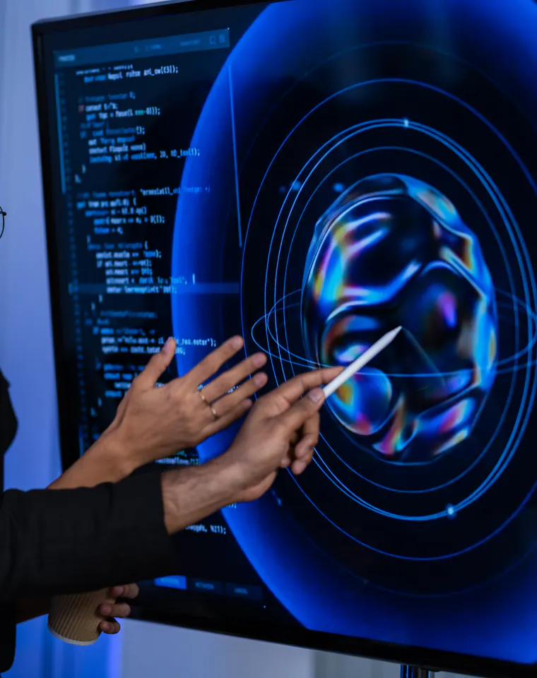SAP Implementation — Done Right: hands interacting with a futuristic touchscreen display
