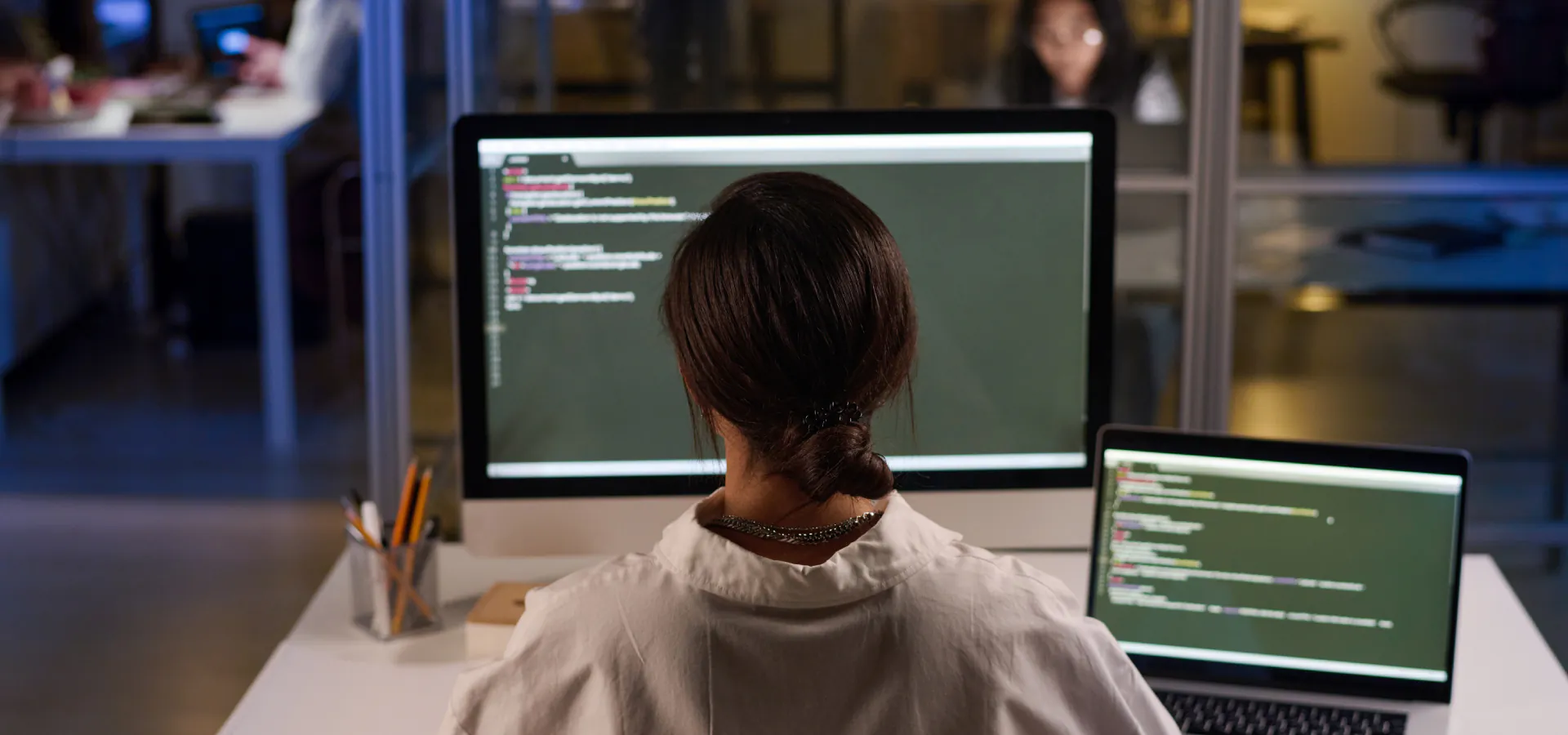 DESSS Enterprise business consulting for business technology improvements: developer writing code on a desktop and laptop
