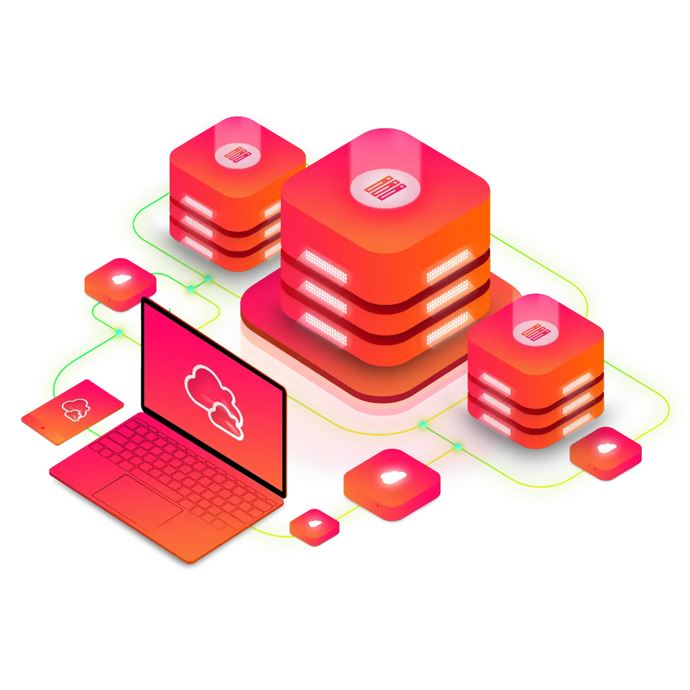 Flexible Managed Infrastructure Models: illustration of cloud servers connected to a laptop
