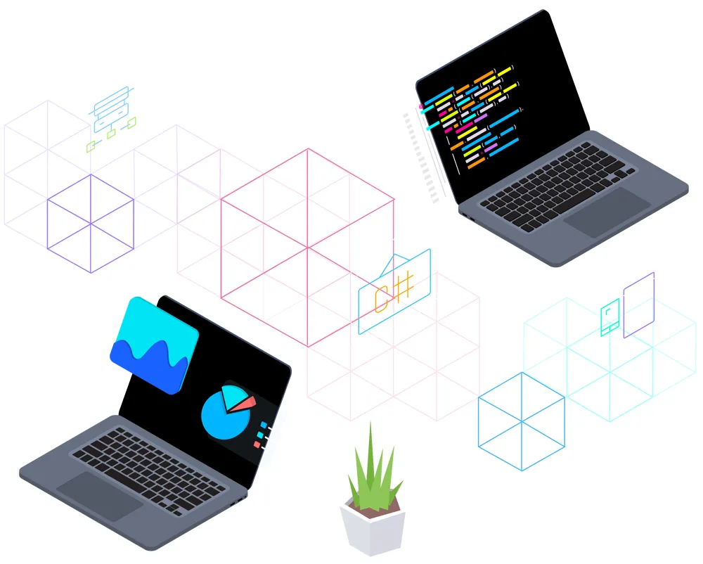 We follow these processes – Joomla Consulting company: illustration of laptops sharing data and charts
