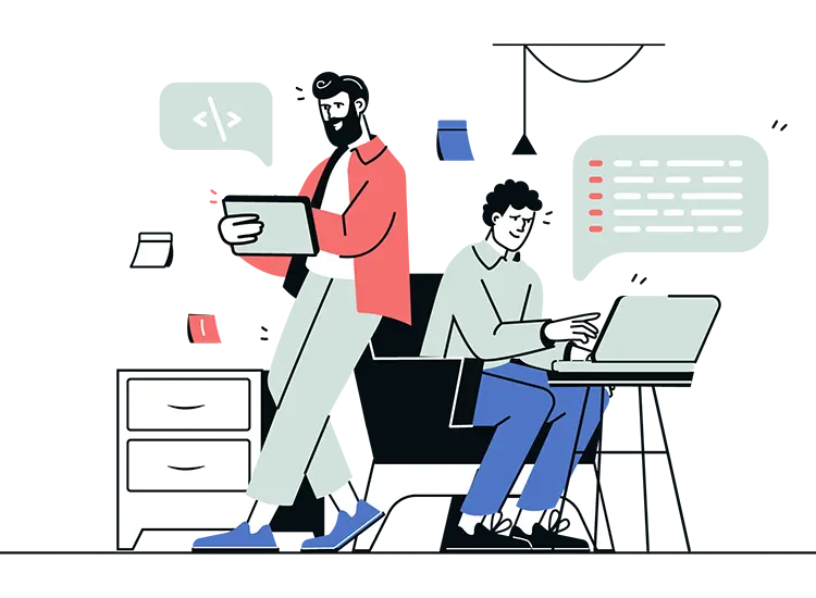 We offer the following Informatica consulting solutions – Informatica: illustration of two developers collaborating on code