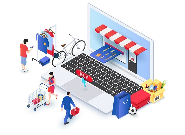 Custom Ecommerce Sites for Houston Businesses Custom Ecommerce Sites for Houston Businesses: illustration of an online storefront on a laptop with shoppers