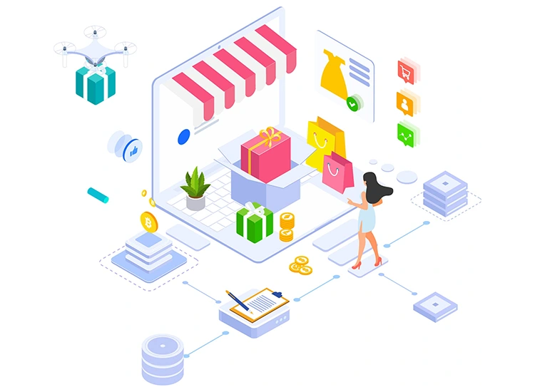 E-commerce Website Solutions Explained: illustration of an online store with products and delivery