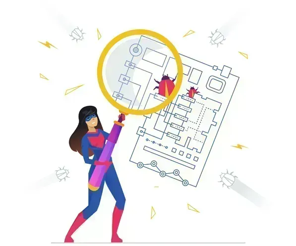 Software and Application Testing Services: illustration of a tester inspecting software with a magnifying glass