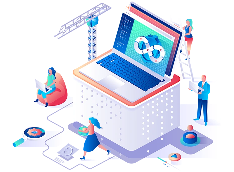 Customized Websites for Small and Large Businesses Customized Websites for Small and Large Businesses: illustration of a team building a web platform on a laptop