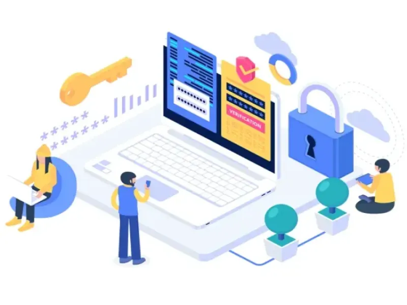 Illustration of a secured laptop, identity check and access key representing Microsoft security services for payment, logistics and healthcare companies