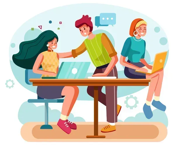 The Following Are The Benefits – Contract Staffing company in Houston The Following Are The Benefits – Contract Staffing company: illustration of a team collaborating on content at laptops